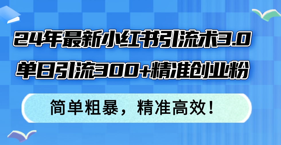 24年最新小红书引流术3.0，单日引流300+精准创业粉，简单粗暴，精准高效！-千创分享