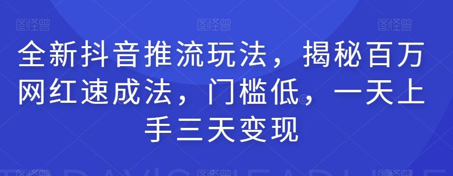 全新抖音推流玩法，揭秘百万网红速成法，门槛低，一天上手三天变现-千创分享