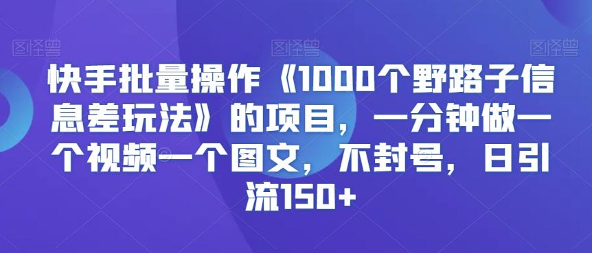 快手批量操作《1000个野路子信息差玩法》的项目，一分钟做一个视频一个图文，不封号，日引流150+【揭秘】-千创分享